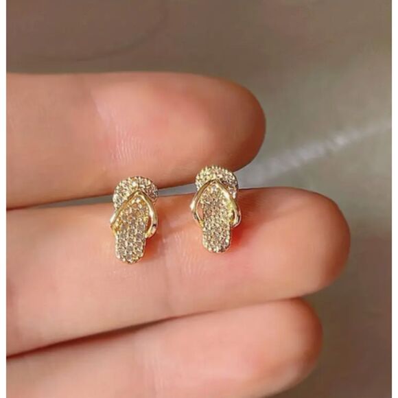 Tiny Gold Rhinestone Flip Flops Earrings Summer Beach Fun Sandals - Picture 2 of 5